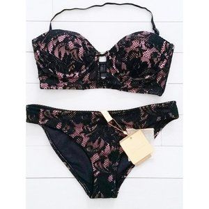 BOND-EYE AUSTRALIA Swimwear BLACK LACE / PINK Bikini Set ( US 10 )